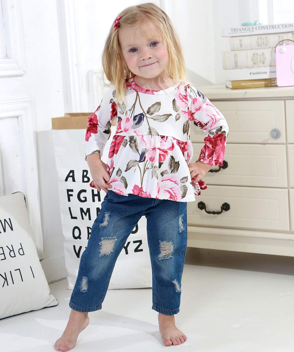 Caretoo Baby Girl Outfit Infant Clothes Flower Printed Round Neck Ruffle Top Casual Ripped Jeans Fashion Outdoor Baby Girls Clot