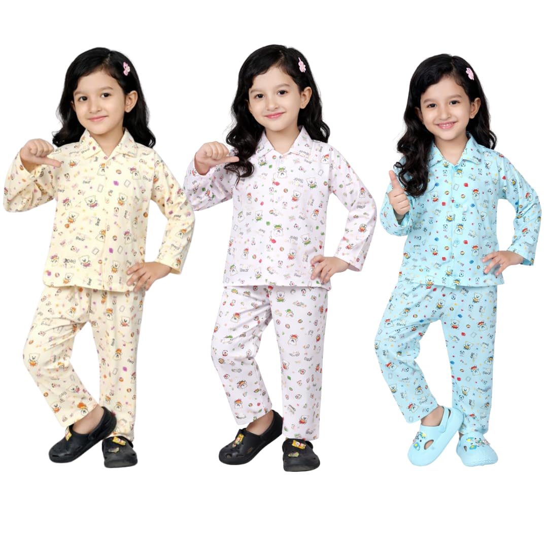 BORNLOV Girls Cotton Night Suit Set, Full Sleeves, Yellow, Pink and Blue Bear Printed Pajama Set, Pack of 3  (2 Years3 Years)