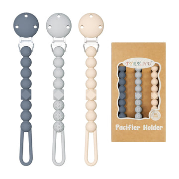 Tyry.Hu 3 Pack Silicone Pacifier Holder Clip With One Piece Beads For Boys And Girls, Soft Flexible Pacifier Clip, Rust-Free Bin