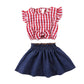 Boizonty Toddler Baby Girl Red Plaid Outfits Ruffled Sleeve Crop Top Shirts With Bowknot+Denim Skirt Dress Summer Clothes Set (P