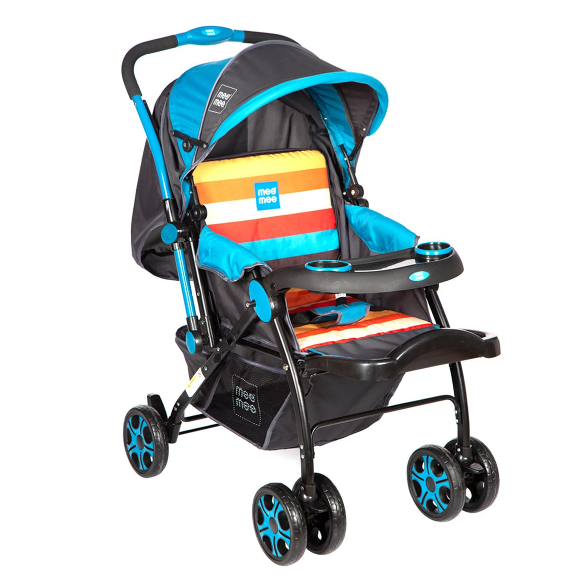 Mee Mee Baby Stroller/Pram (Blue) For 03 Years | 3 Recline Seat Positions With Adjustable Canopy | Quick Fold, Swivel Wheels, D