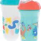 Nuby No Spill Insulated Transition Cup With Soft Rim Spout | 9 Oz/ 270 Ml | 2 Pack: Aqua Animals & White Shapes Or Blue Dinosaur