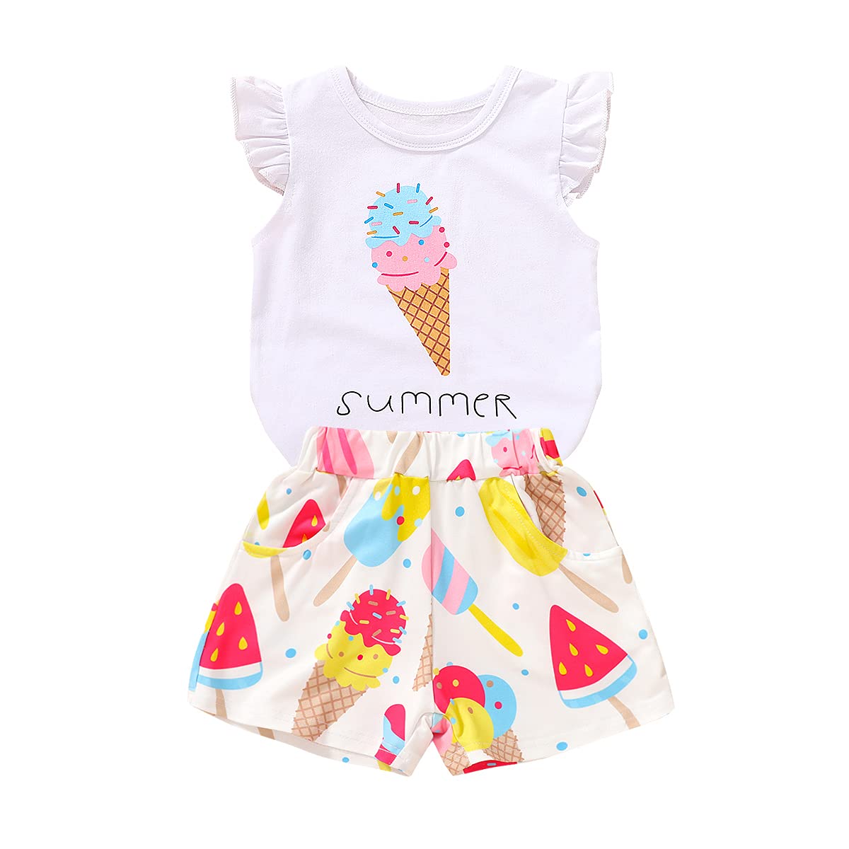 Younger Tree Toddler Baby Girl Summer Clothes Ice Cream Printed T-Shirt + Short Pants 2Pcs Girls Outfit Set (Ice Cream, 12-18 M)