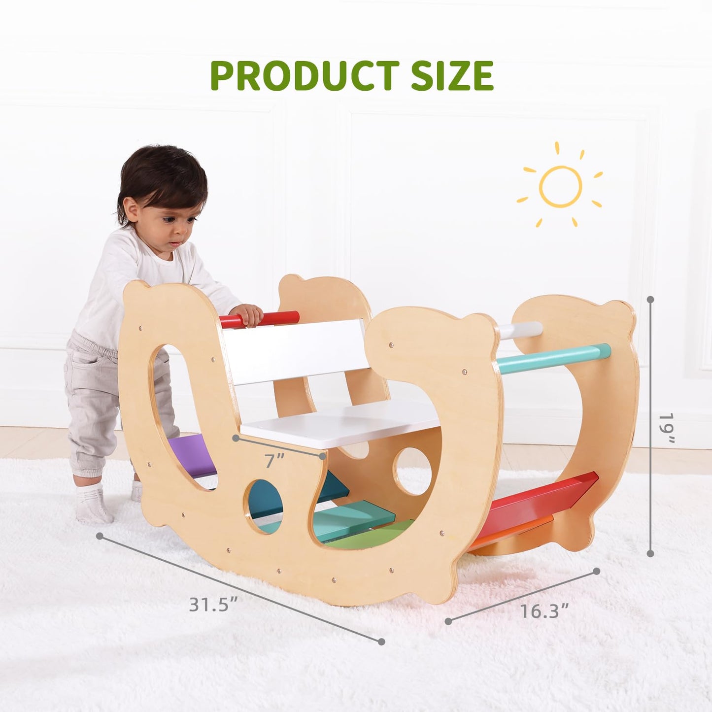 Oook 2 In 1 Rainbow Climbing Toys - Pikler Montessori Climbing Set, Wooden Rocking Horse Toy, Children Indoor Outdoor Play Gym L