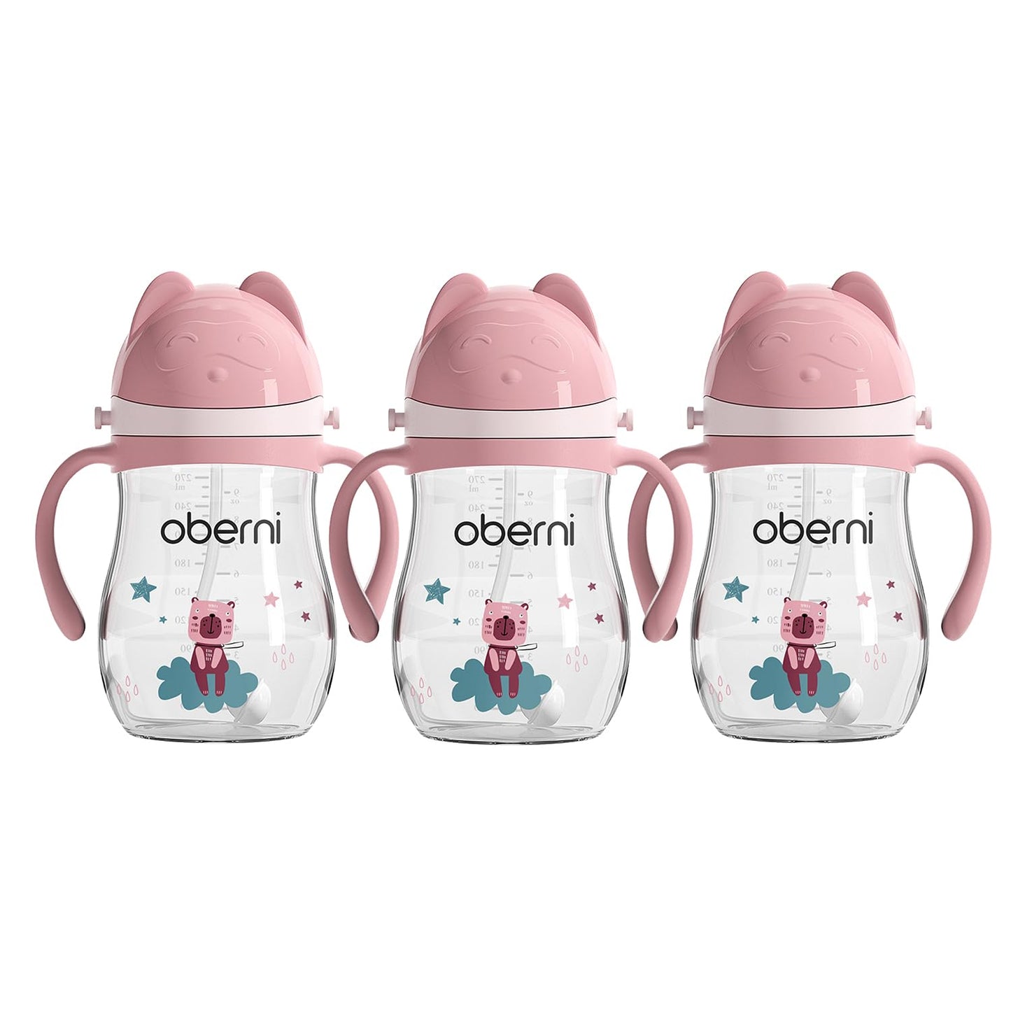 Oberni Toddler Sippy Cup, Tritan Baby Water Bottle With Non-Spill Valve Spout, Removable Handle and Carry Strap, 270ml/12m+/Pink