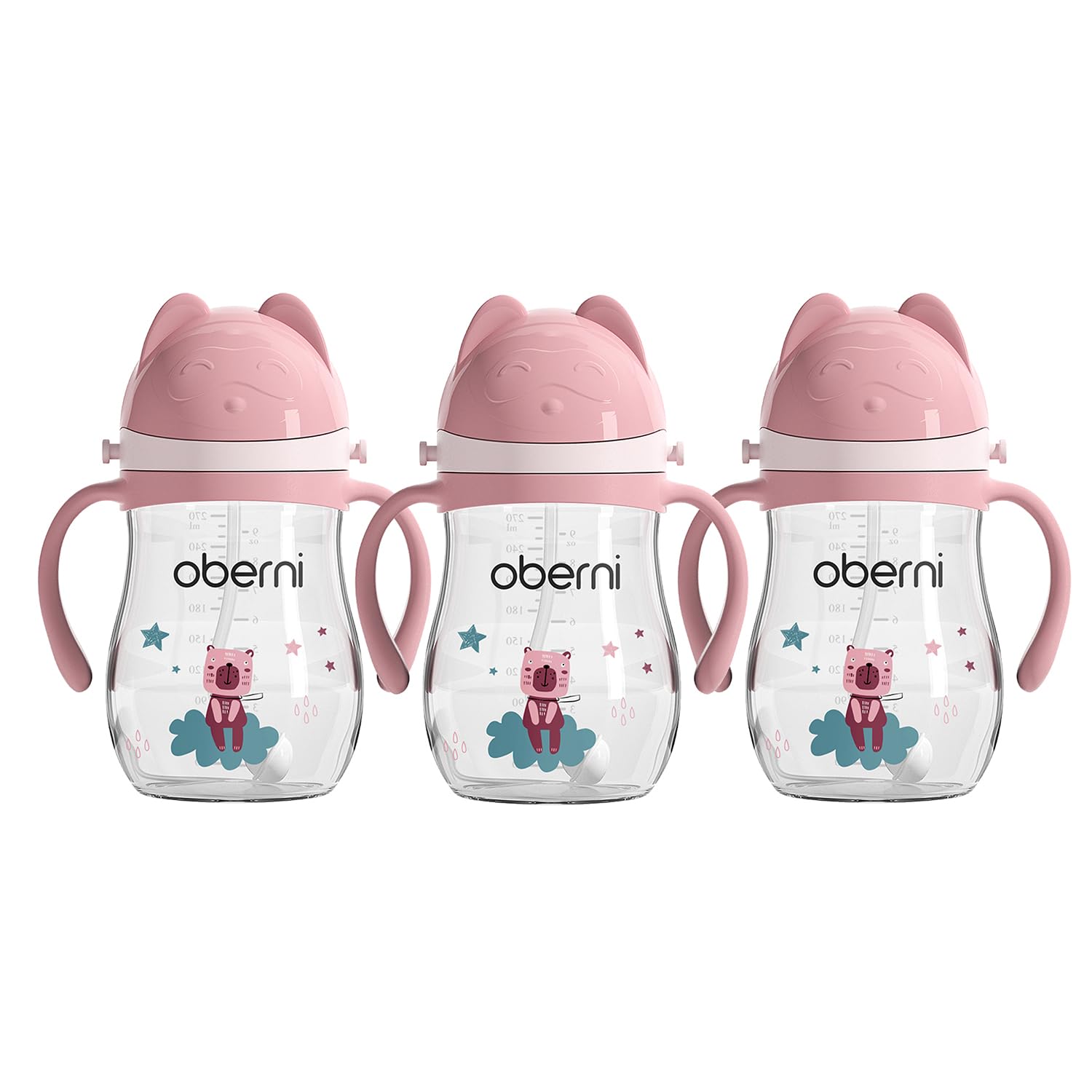 Oberni Toddler Sippy Cup, Tritan Baby Water Bottle With Non-Spill Valve Spout, Removable Handle and Carry Strap, 270ml/12m+/Pink