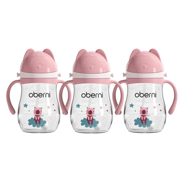 Oberni Toddler Sippy Cup, Tritan Baby Water Bottle With Non-Spill Valve Spout, Removable Handle and Carry Strap, 270ml/12m+/Pink