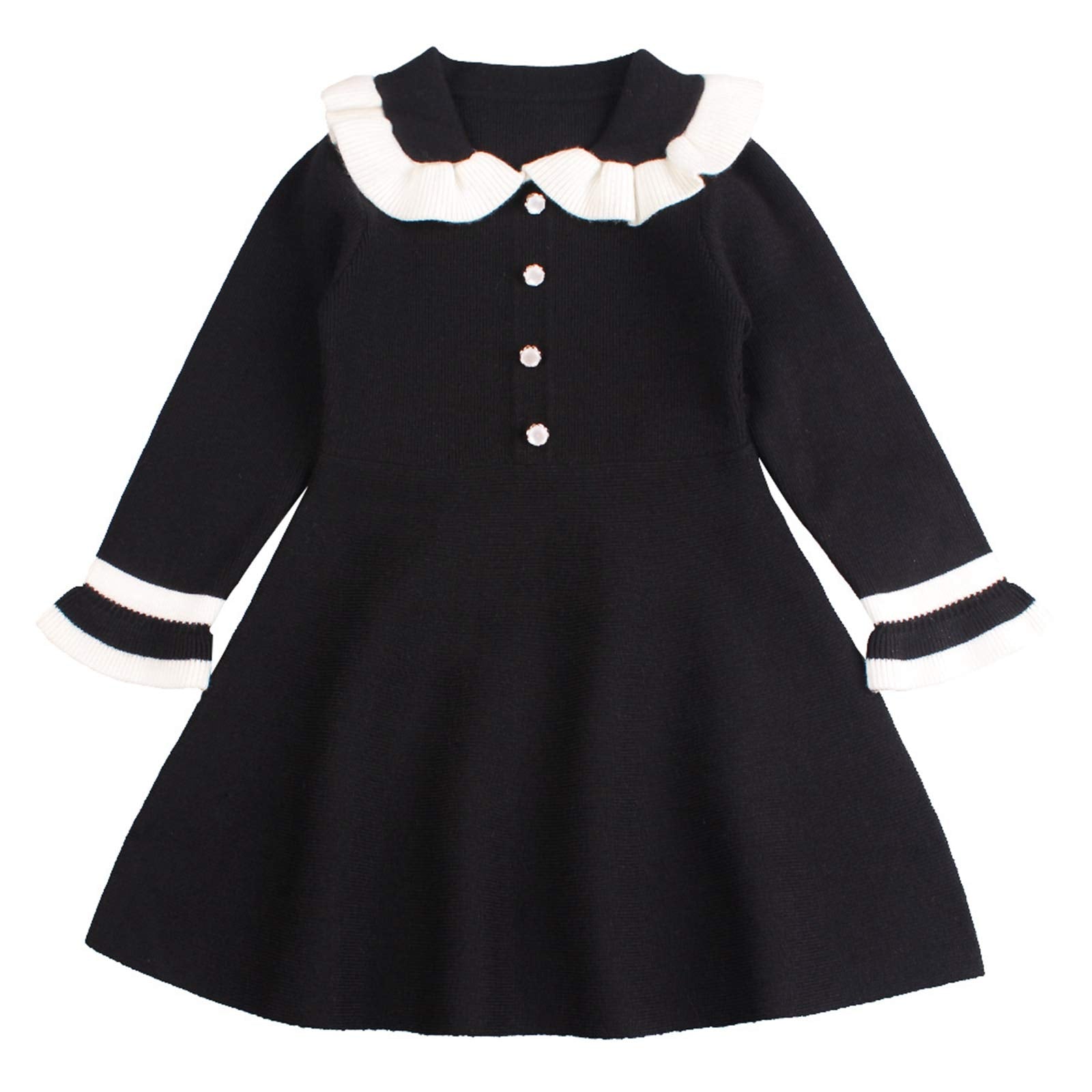 Peecabe Ruffles Toddler Girls Sweater Dress Soft Warm Long Sleeve V-Neck 2-6T Knitted Dress For Fall Winter (Black, 3T)