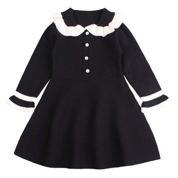 Peecabe Ruffles Toddler Girls Sweater Dress Soft Warm Long Sleeve V-Neck 2-6T Knitted Dress For Fall Winter (Black, 3T)