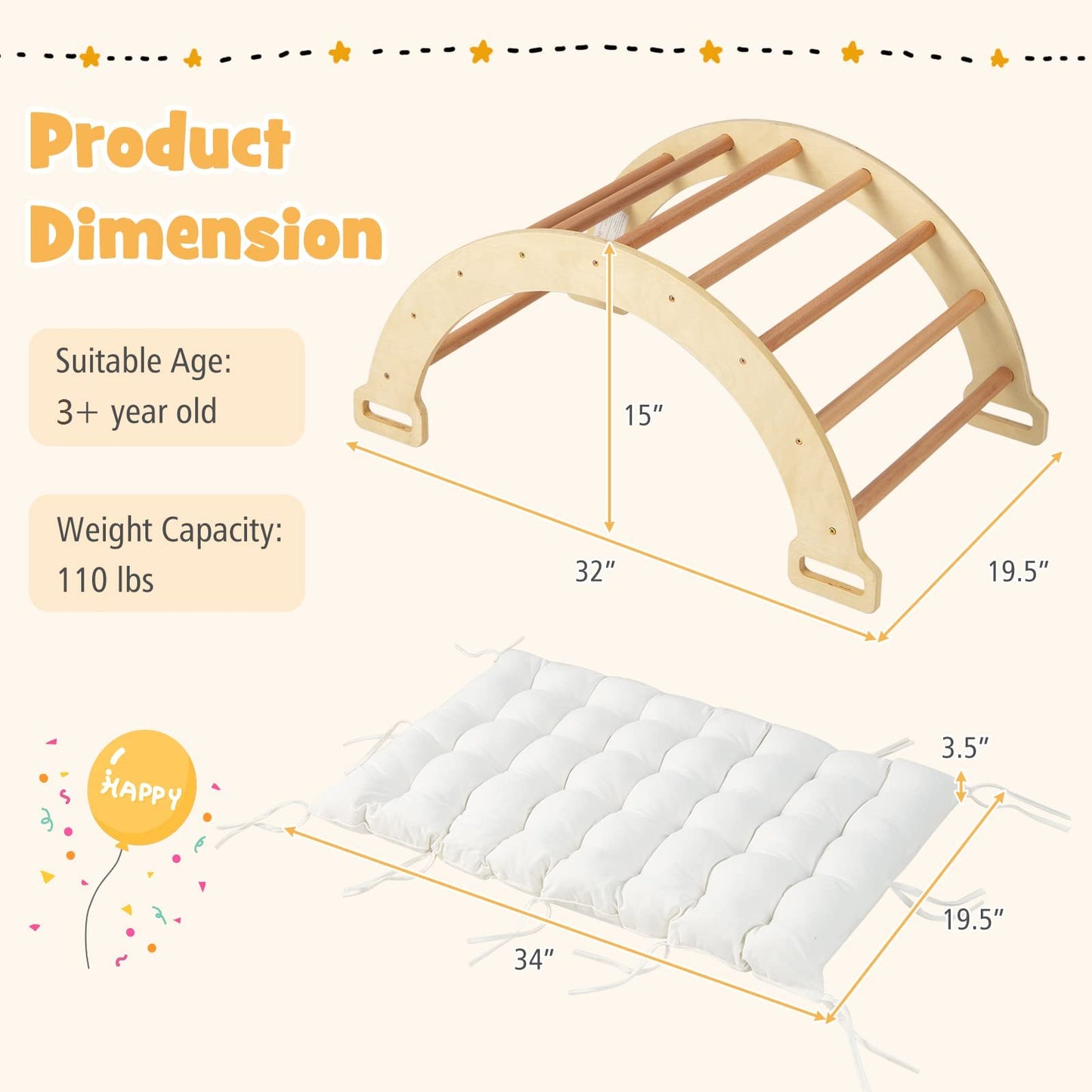 Costzon Climbing Toys For Toddlers, 2-In-1 Montessori Wooden Arch Climber Ladder Structure With Cozy Cushion, Children Indoor Ou