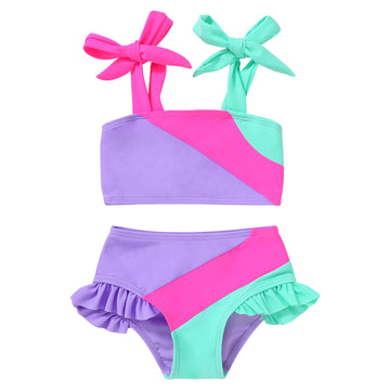 Younger Tree Toddler Girls Two Pieces Swimsuit Color Block Stripe Swimwear Summer Beach Bathing Suit 18M-5T(Purple#Green 18-24 M