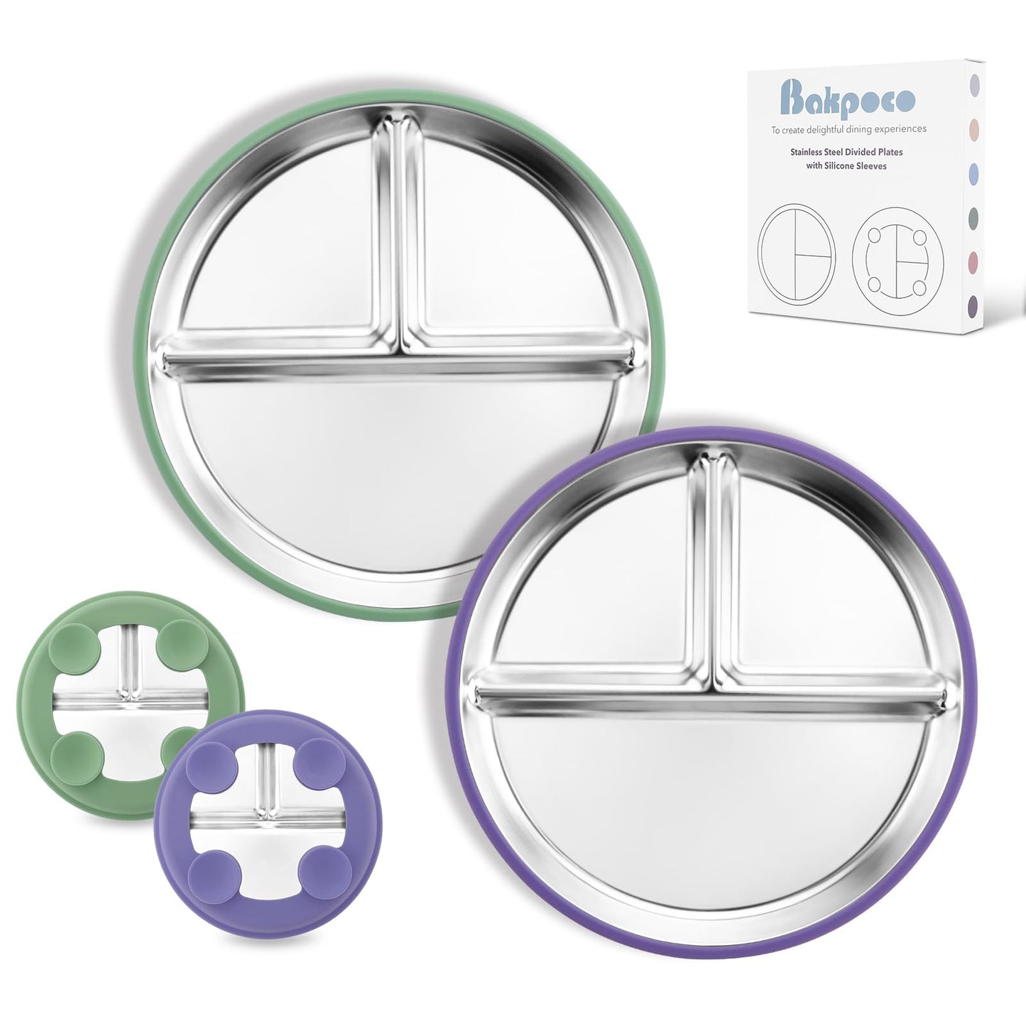 Bakpoco Stainless Steel Toddler Plate with Suction, 8    Divided Plates with Removable Silicone Sleeves for Baby, Non Toxic & BP