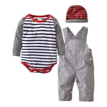 3Pcs Baby Boys Long Sleeve Stripe Romper Overalls Clothing Set With Hat (18-24 Months) Grey
