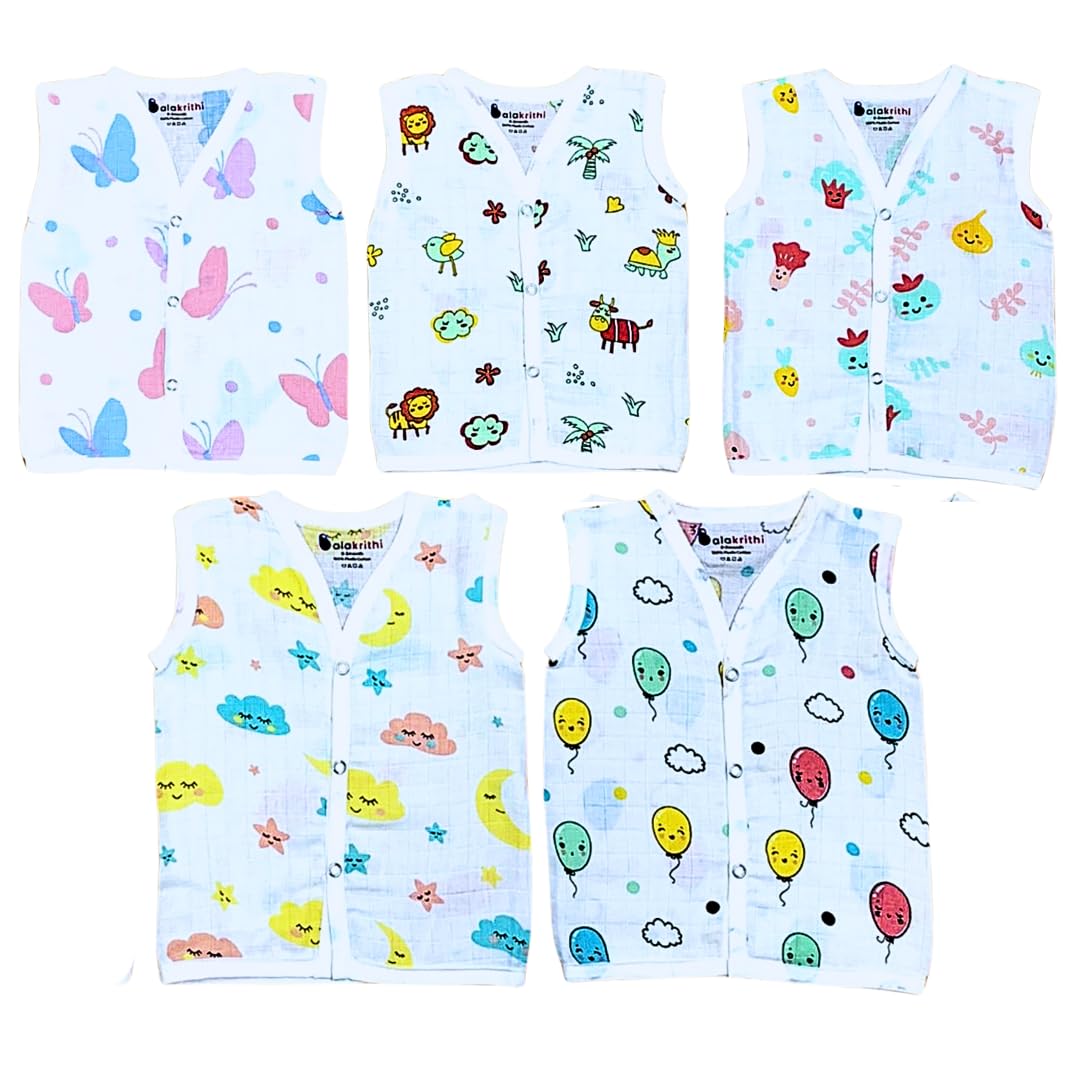 Balakrithi Organic Cotton Muslin Button Jabla| Newborn Dress Pack of 5 |Muslin Cloth Boys Girls|Soft Breathable |Multicolour 91