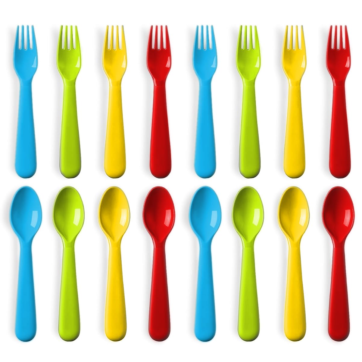 Plaskidy 16 Pcs Plastic Toddler Utensils Set 8 Kids Forks And 8 Kids Spoons Bpa Free/Dishwasher Safe Toddler Silverware Brightly