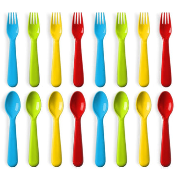 Plaskidy 16 Pcs Plastic Toddler Utensils Set 8 Kids Forks And 8 Kids Spoons Bpa Free/Dishwasher Safe Toddler Silverware Brightly