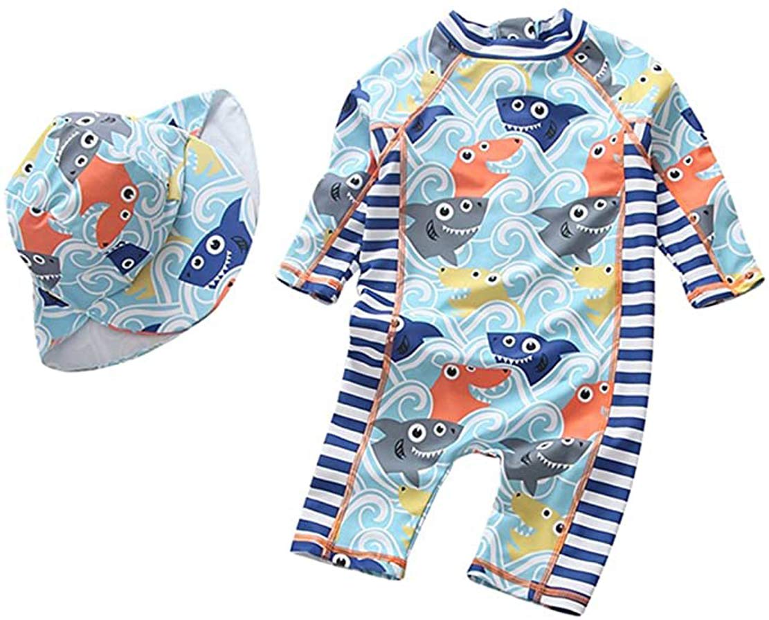 Best For All Baby Boys Kids Swimsuit Toddlers One Piece Zipper Bathing Suit Swimwear With Hat Rash Guard Surfing Suit (Light Fis
