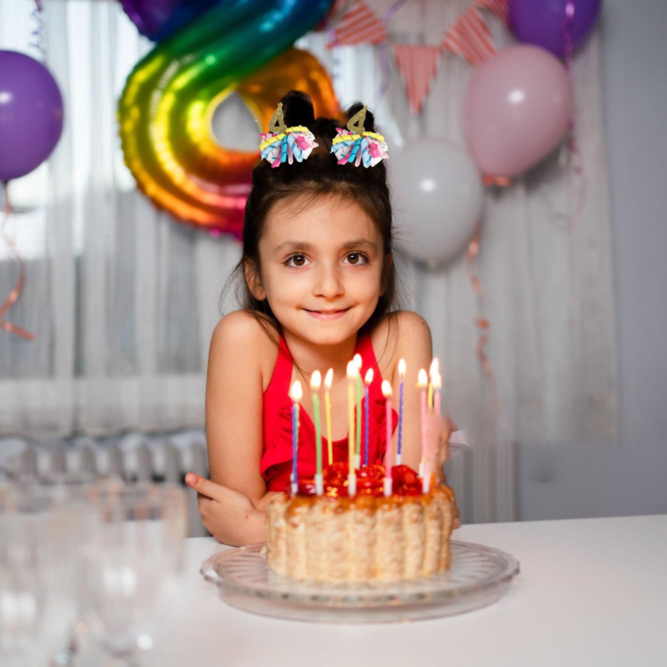 Birthday Hair Clips For Baby Girls - 2Pc Curly Ribbon With Gold Number Bow Hair Clips For 4Th Birthday Baby Bow Party Decoration