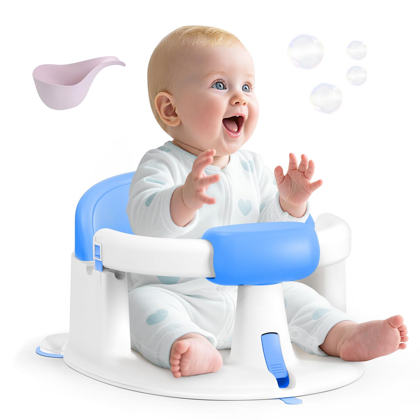 Baby Bath Seat Baby Bathtub - with Strong Suction Cups and 360 Surround Support - Easy Release, Non-Slip Cushion, Lockable Armre