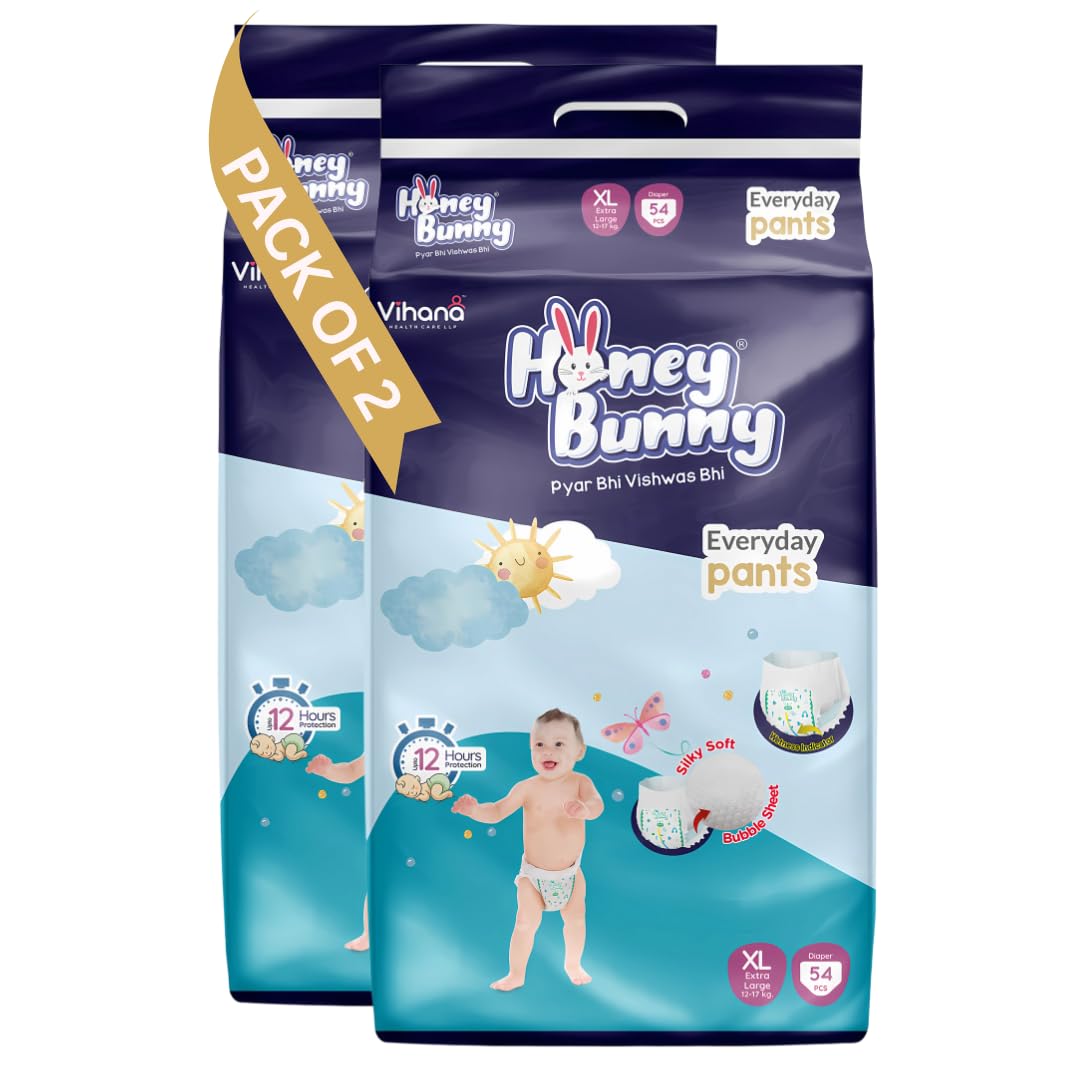 Honey Bunny Everyday Baby Diapers Pants | Extra Large (Xl), 108 Count, 1217 Kg | Silky Soft On Skin | 12 Hours Protection Baby 