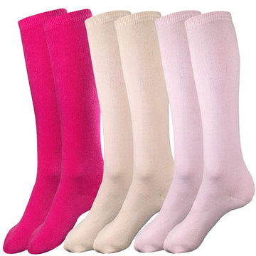 Judanzy 3 Pairs Of Boys And Girls Solid Knee High Uniform Socks For School, Soccer, Football, Afo Etc. (2-4 Years, Hot Pink, Oat
