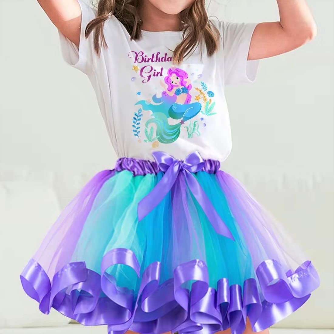 Doctor Unicorn Girls Mermaid Costume Layered Tutu Skirt Dress With Mermaid Tshirt, Headband & Satin Sash Mermaid, 6-7 Years