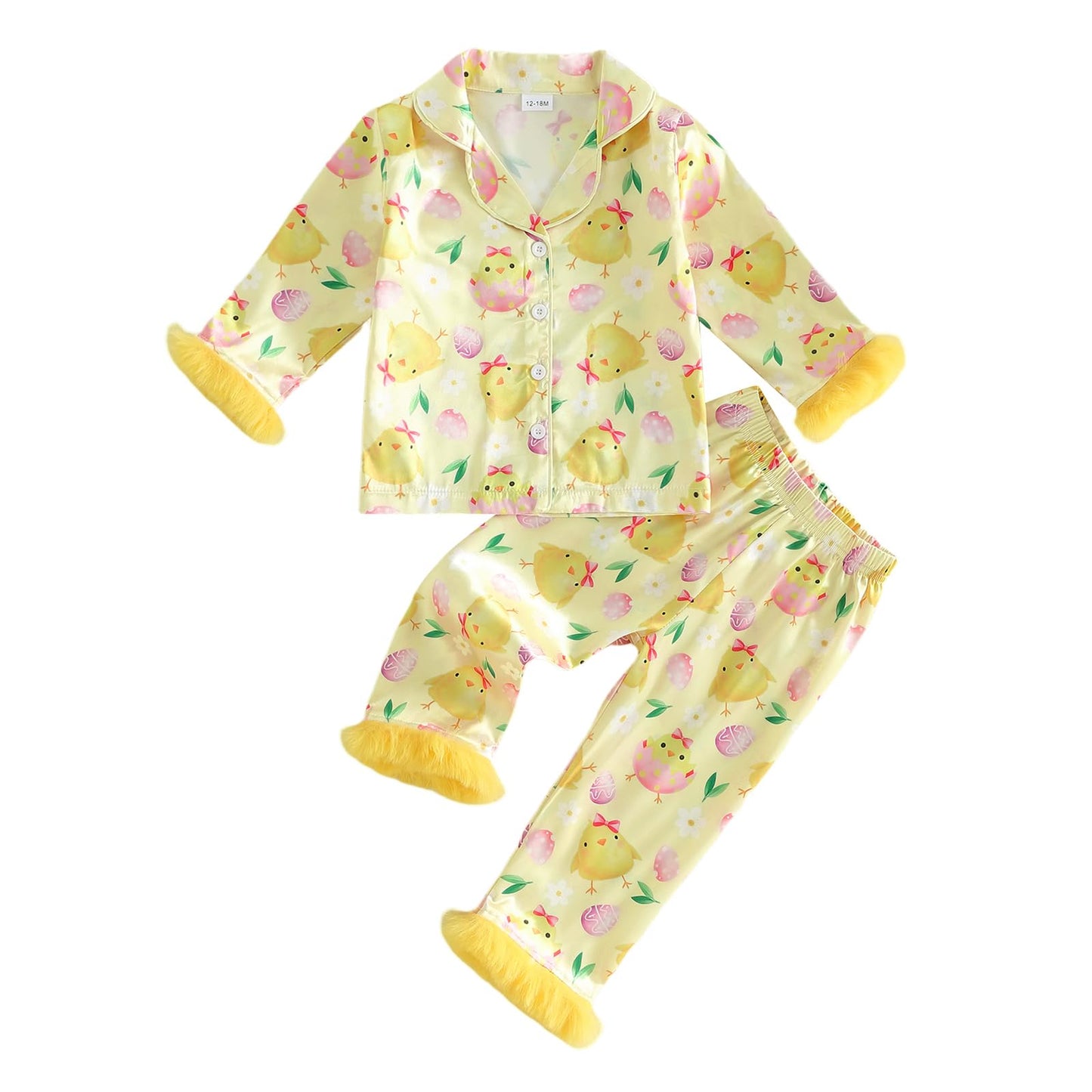 Kuriozud Kids Toddler Girl Satin Pajamas Fuzzy Trim Long Sleeve Button Down Shirt Top and Pants 2pcs Pjs Sets Sleepwear, Easter 