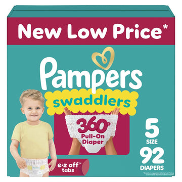 Pampers Diapers - Swaddlers 360 - Size 5, 92 Count, up to 100% Leakproof Comfy Dry Fit, Designed for Easy Changes, Pull On Baby 
