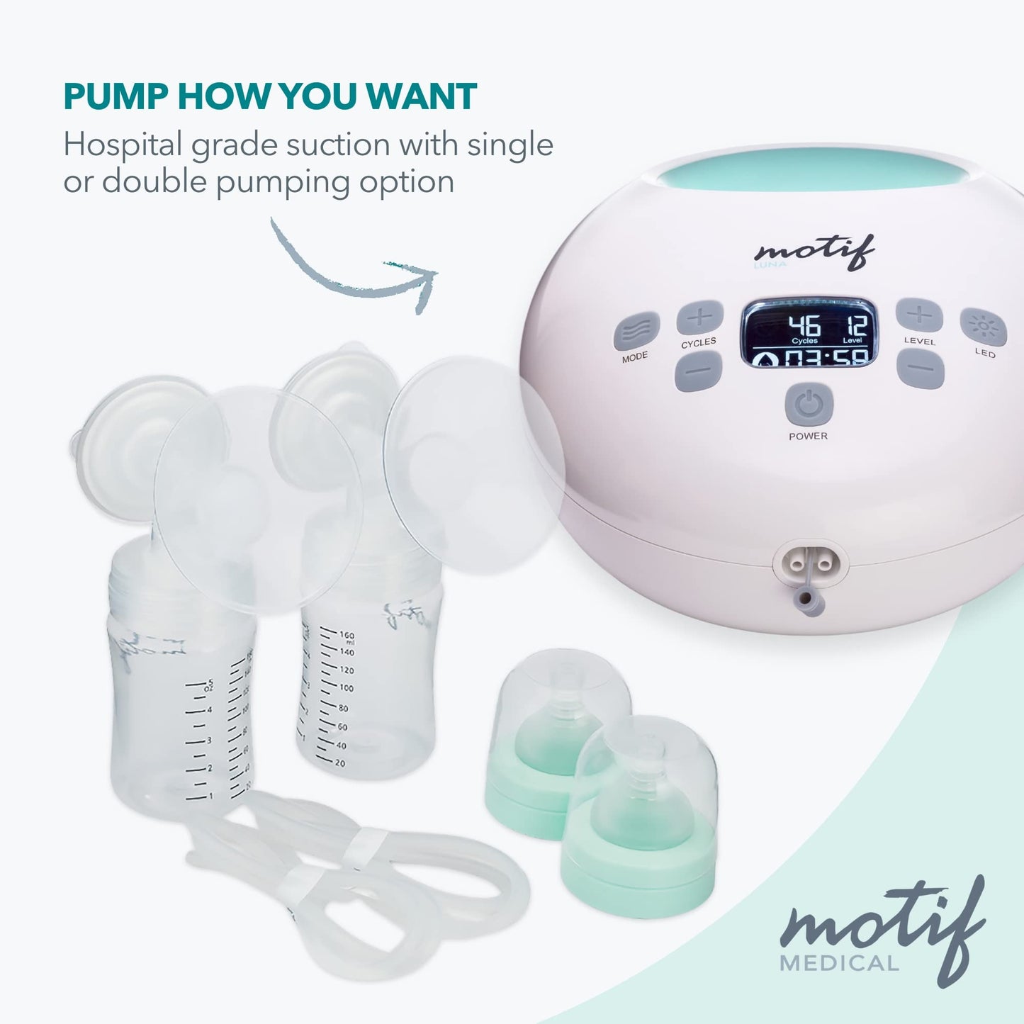 Motif Medical Luna With Battery Double Electric Breast Pump, Portable Breast Pump With Battery - Easy To Use, Quiet Motor, Built