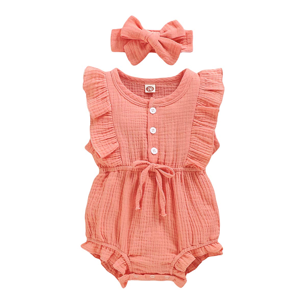 Younger Tree Toddler Baby Girl Ruffled Sleeveless Romper Casual Summer Jumpsuit Cotton Linen Clothes (Button-Pink, 0-3 Months)