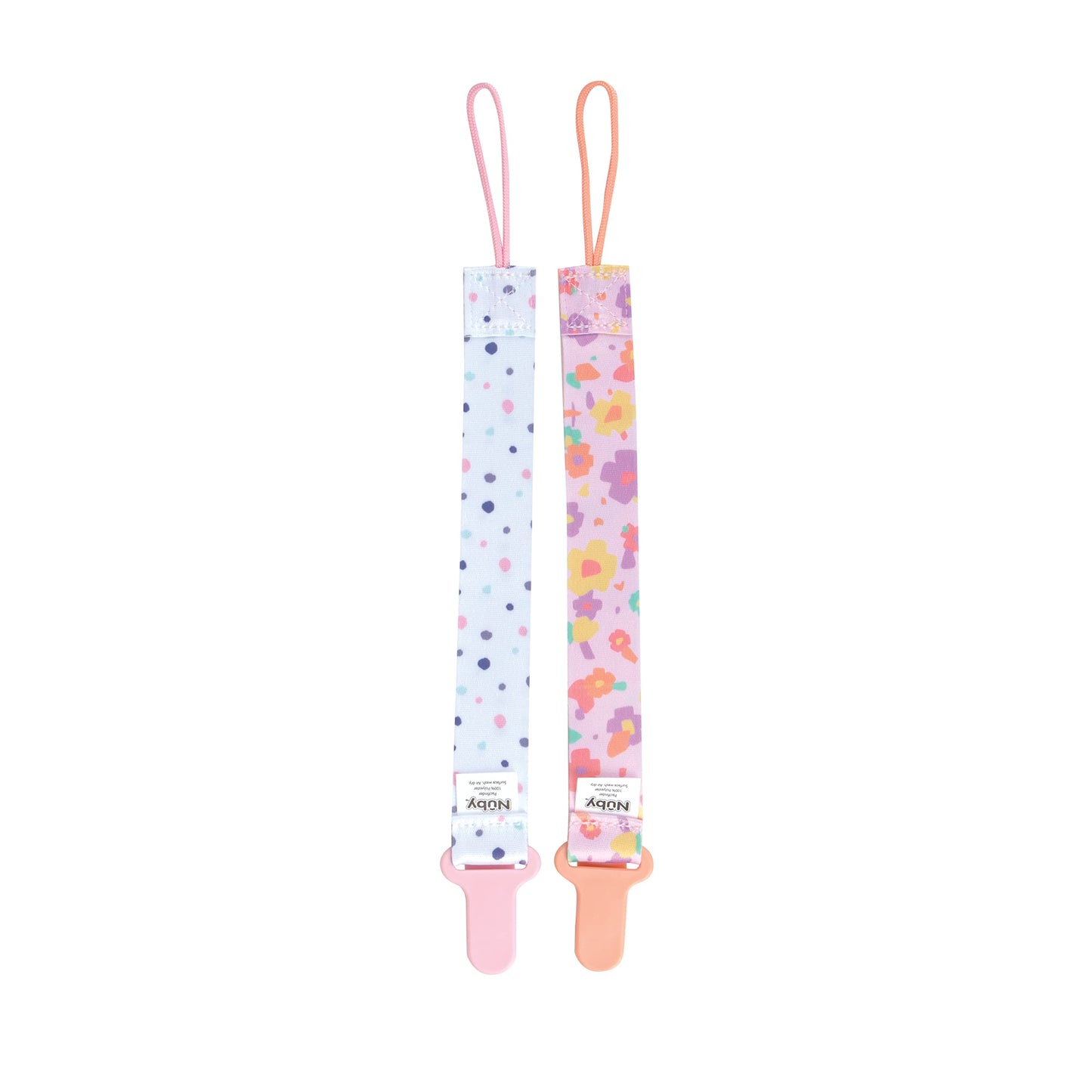 Nuby Pacifinder Baby Pacifier Clip - (2-Pack) - Pacifier Holder Clip With Convenient Hook Loop - Flowers And Polka Dots