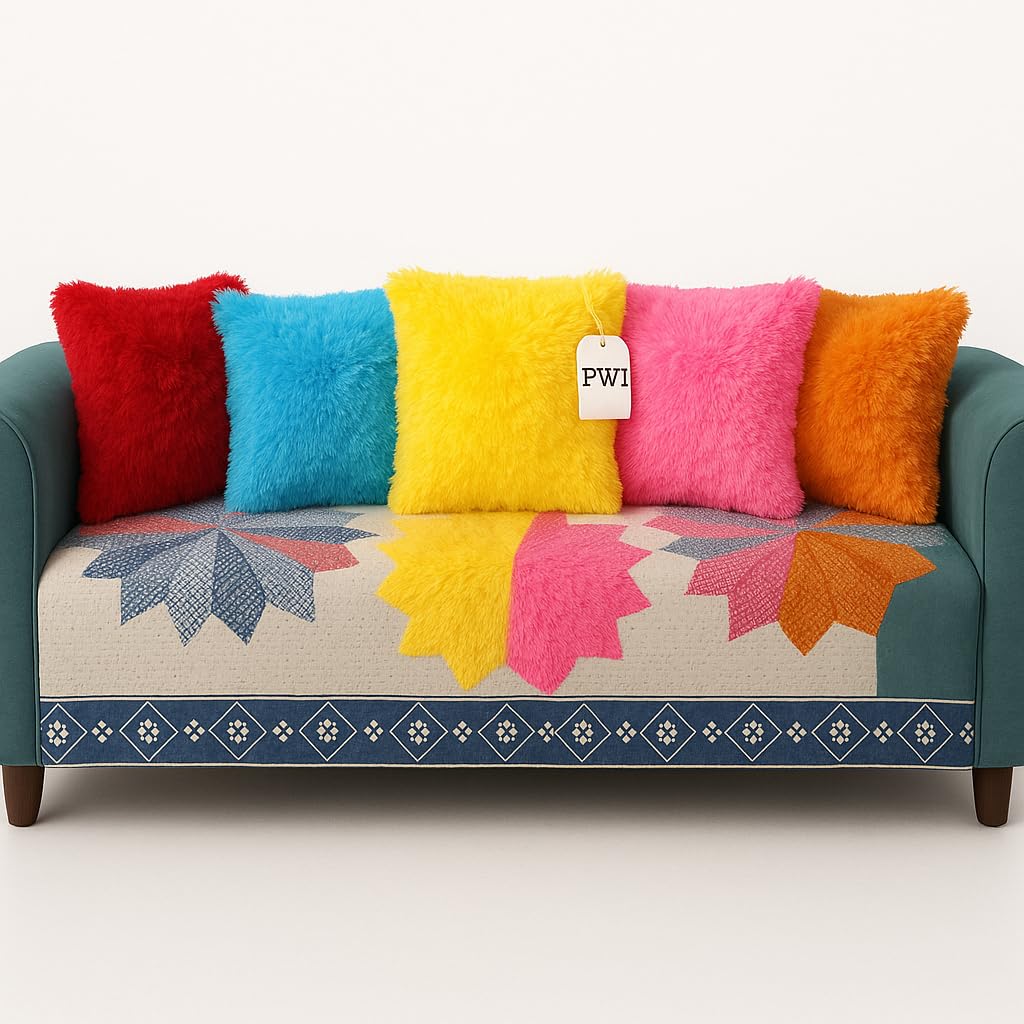 PWI Fluffy Cushions Set of 5 | 10x10 Inch | Soft Faux Fur | MultiColor (Random Colors) | Perfect for Sofa, Bed & Gifting