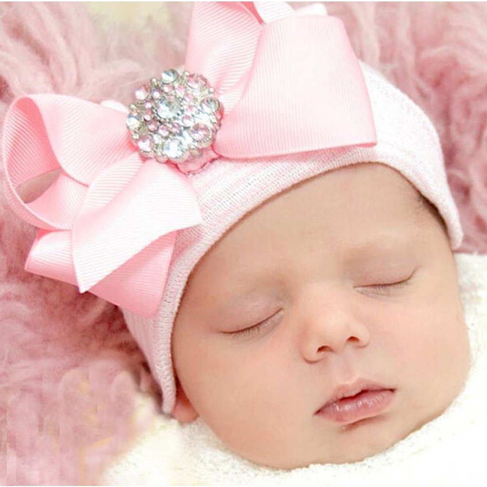 Dreshow Bqubo Newborn Hospital Hat Infant Baby Hat Cap Big Bow Nursery Beanie 3 Pack