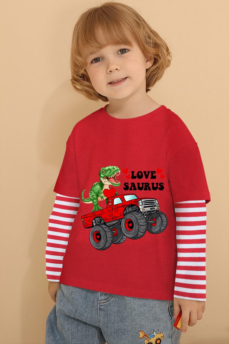 Toddler Boy Valentines Day Shirts Monster Truck Dinosaur Hug Heart Cotton Long Sleeve T-Shirt Love Saurus Kid Tee Top Clothes 6