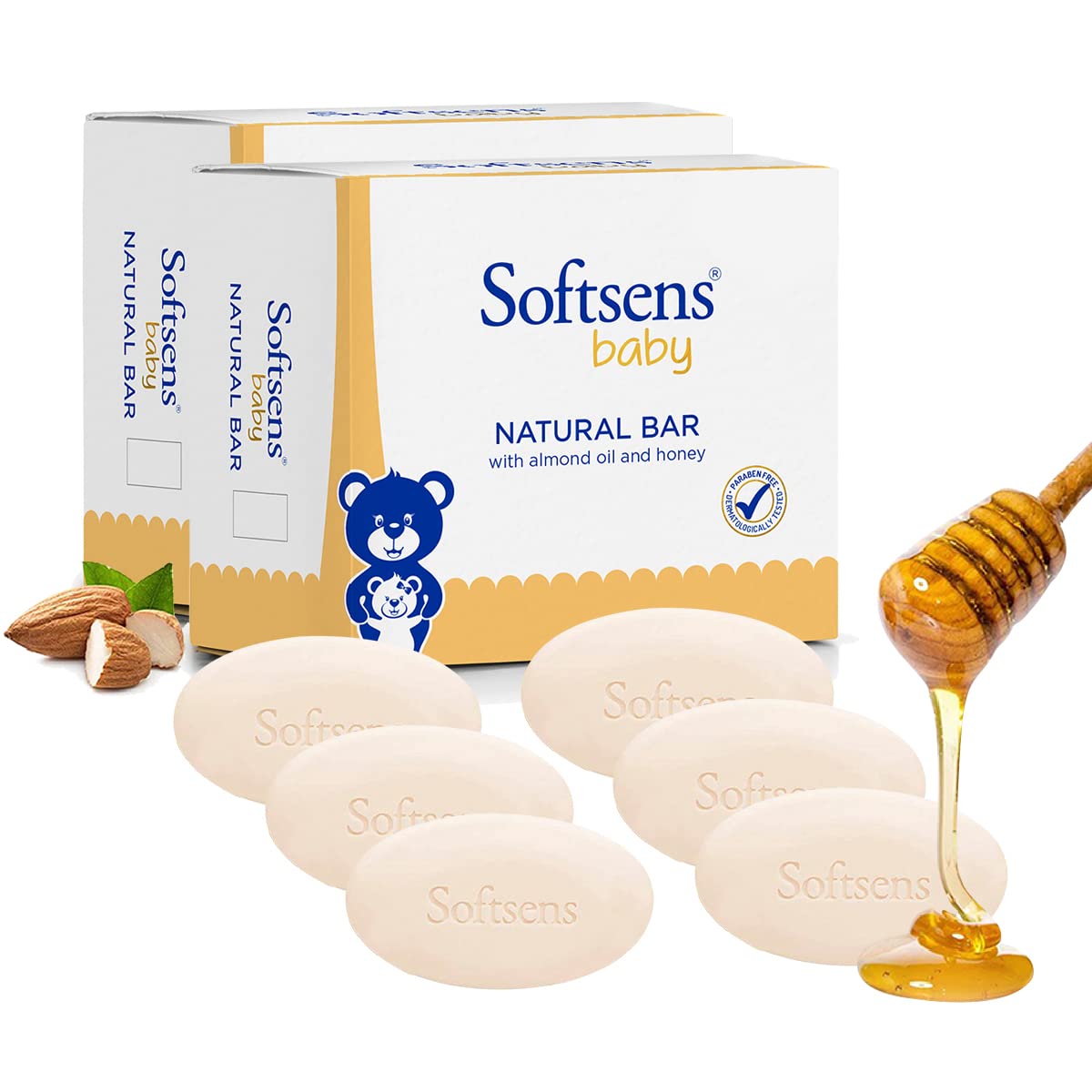 Softsens Natural Baby Bar Soap 100G Each X 6 (600G) | Gentle Cleansing & Nourishing | With Almond Oil & Pure Honey| Dermatologic