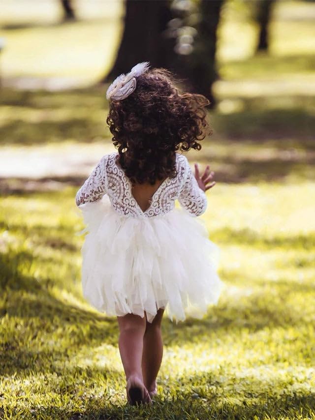 2Bunnies Girl Peony Lace Back A-Line Tiered Tutu Tulle Flower Girl Dress (Ivory 3/4 Sleeve Short, 9-10Yrs)