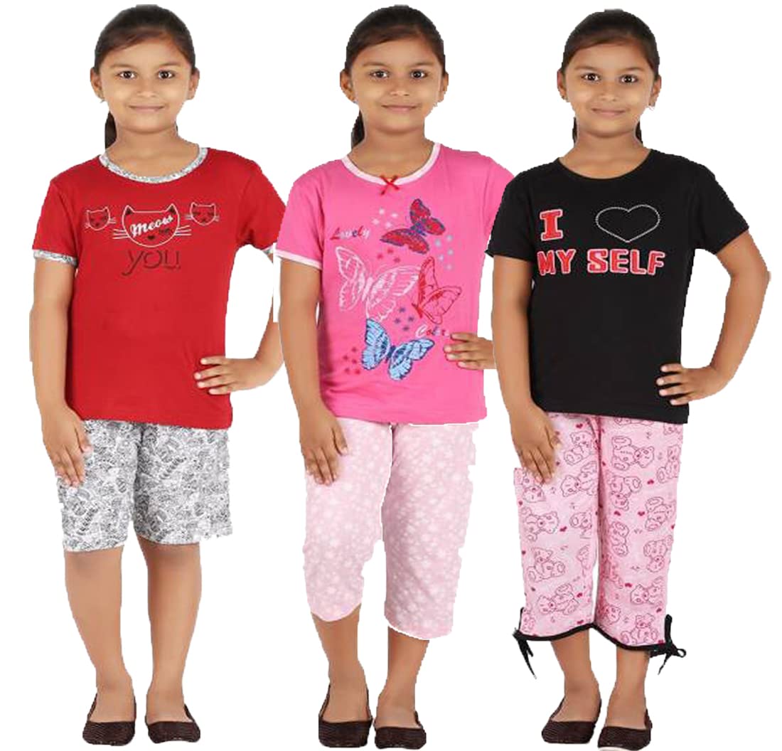 CHECKERSBAY Kid Girls Sleep Wear (1112 Years, Black and Pink and Dark Pin Top Light Pink Capri Set,Red & Black White Shorts Se