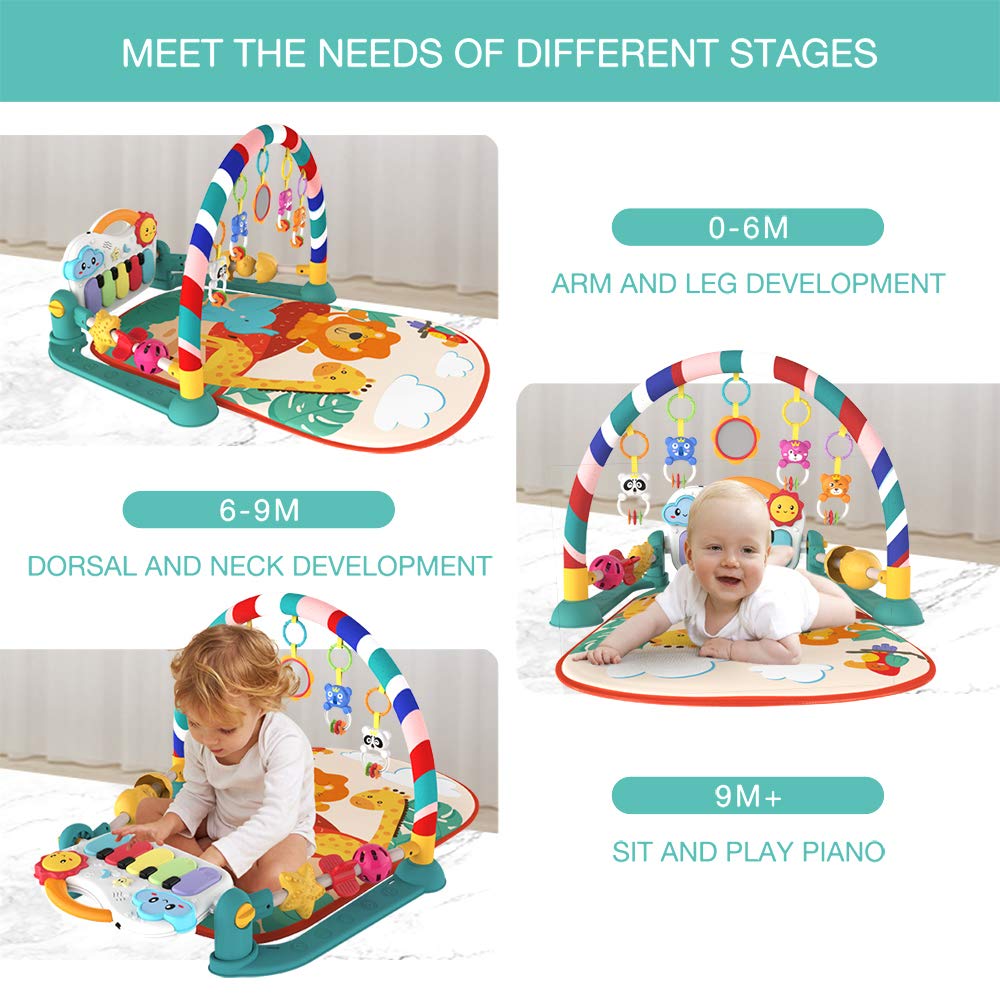 Eners Baby Gyms Play Mats Musical Activity Center Baby Piano Gym Mat Tummy Time Padded Mat For Newborn Toddler Infants(Green)