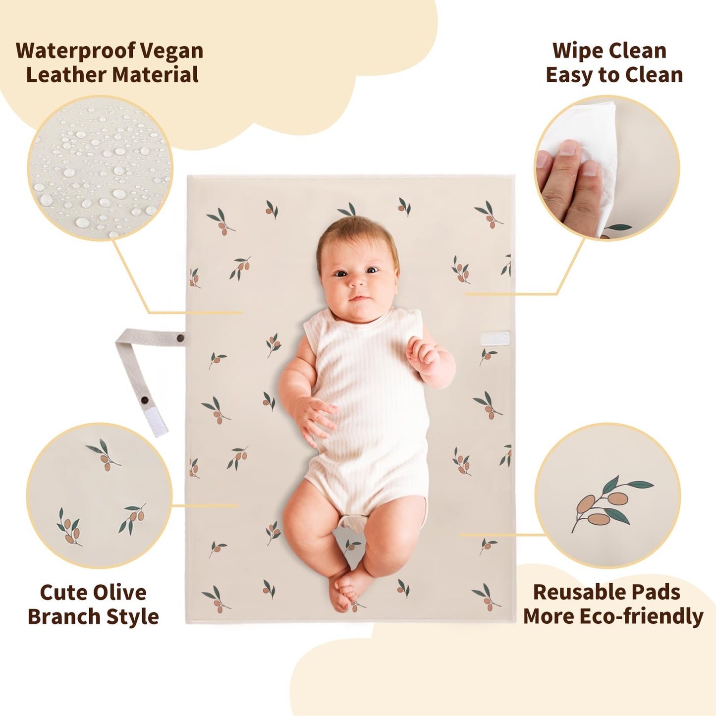 Vegan Leather Portable Changing Pad - Waterproof Compact Baby Changing Mat - Foldable Travel Diaper Changing Pad, Newborns (Oliv