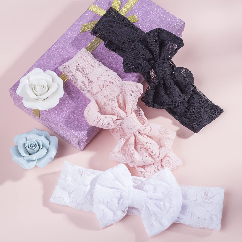 Qiansail Baby Girls Lace Bow Headband Elastics Bow Knot Hairband Headwrap For Newborn Infant Toddlers Kids (Black)