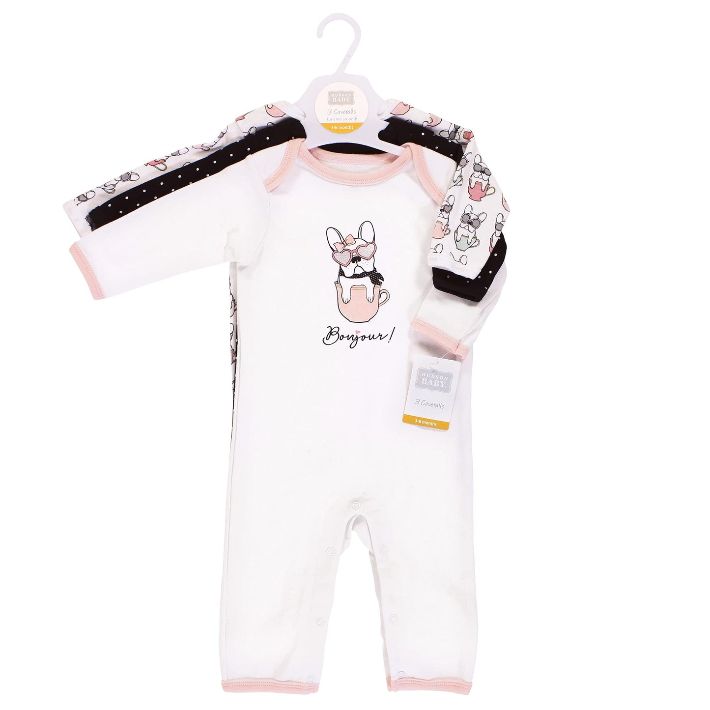 Hudson Baby Unisex Baby Cotton Coveralls, Bonjour, 0-3 Months