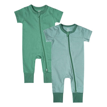 Teach Leanbh Baby Boys Girls 2-Pack Romper Jumpsuits Cotton 2 Way Zipper Short Sleeve Footless Sleep And Play 3-24 Months (Green