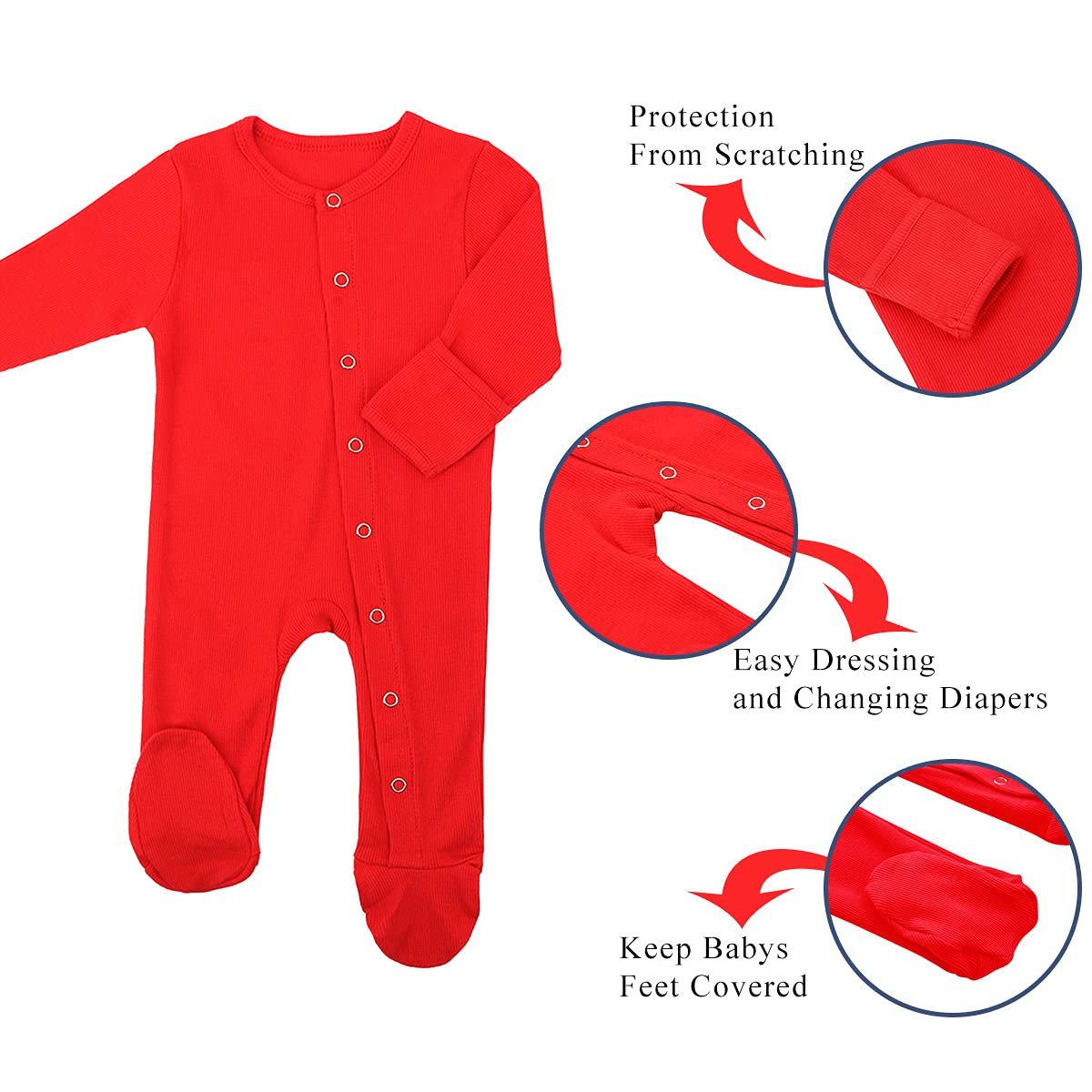Kisbini Baby Footed Pajamas With Mitten Cuffs Unisex Cotton Snap-Up Romper Jumpsuit Sleep And Play 0-12 Months Footies