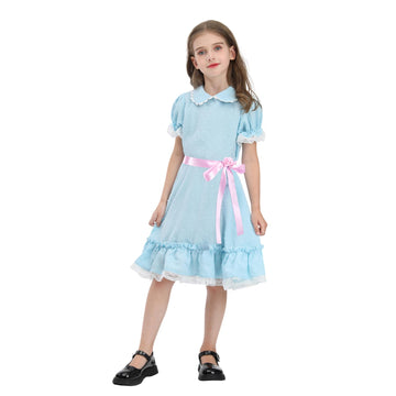 Cr Rolecos The Grady Twins Costume For Kids Girls Blue Creepy Sister Scary Doll Dress Halloween Party B140