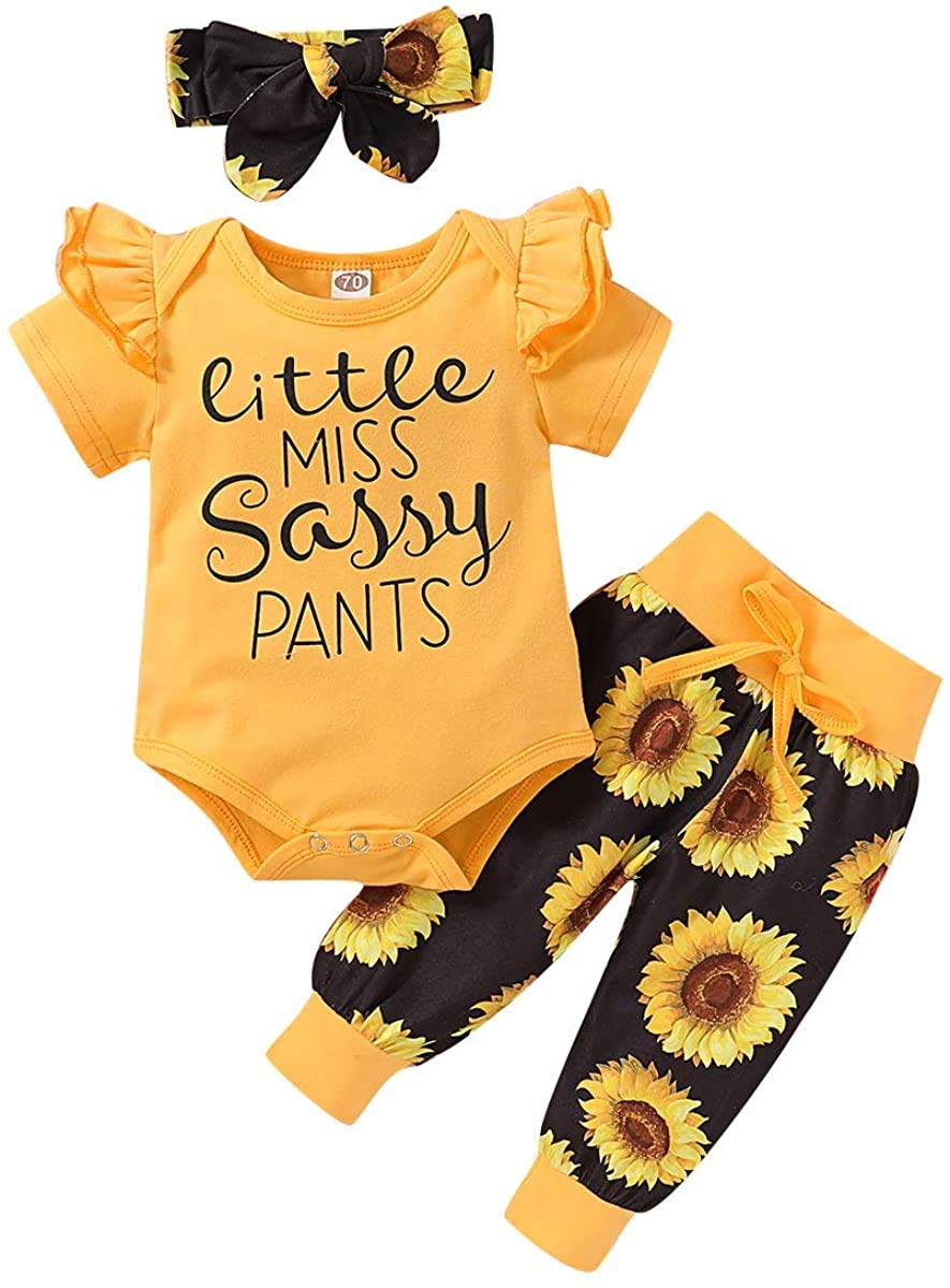 Yvowming 12 18 Month Girl Clothes Infant Baby Girl Ruffle Romper +Pants + Headband 3 Pcs Summer Outfits Set