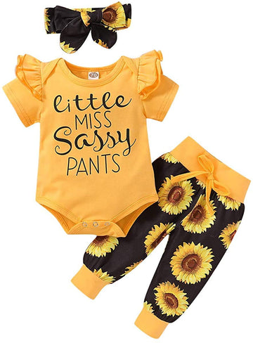 Yvowming Newborn Baby Girl Clothes Infant Baby Ruffle Romper +Pants + Headband 3 Pcs Outfits Set Little Sassy-Short Sleeve