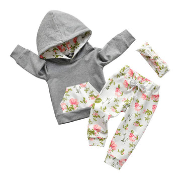 Baby Girl Clothes Long Sleeve Floral Hoodie Sweatshirt Pants With Pocket Headband Outfit Sets (6-9 Months) Grey