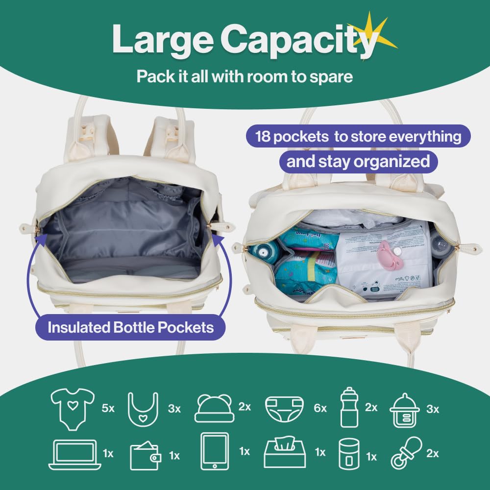 Babbleroo Leather Diaper Bag Backpack - Baby Essentials Travel Baby Bag, Multi Function, Waterproof, With Changing Pad, Stroller
