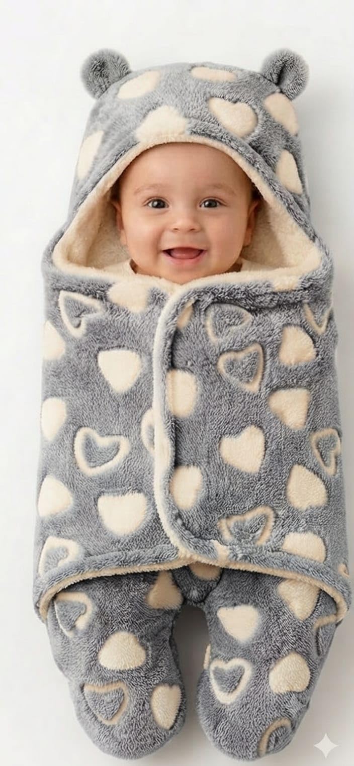 Grey Heart Baby Swaddle Wrap Blanket with Hood