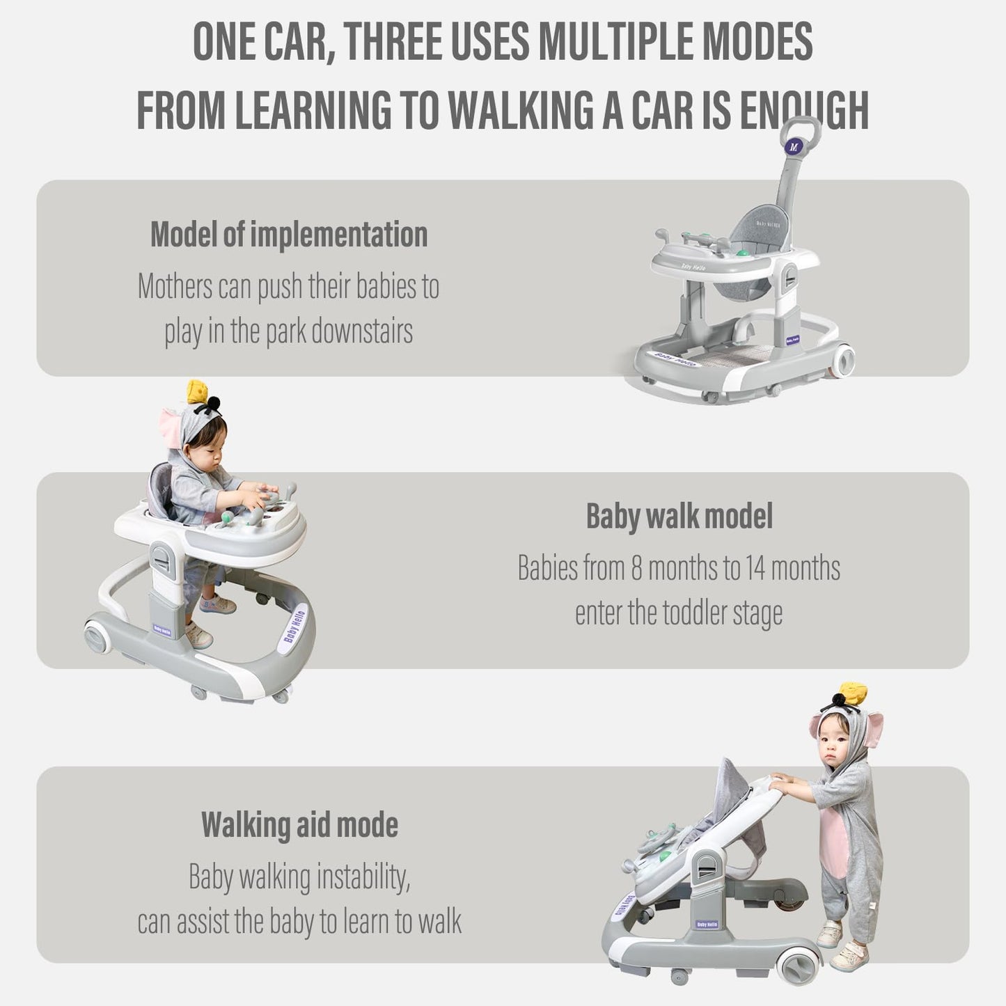 3-In-1 Foldable Baby Walker: Music Car-Themed Activity Center, Walker With Wheels, Walker And Bouncer Combo With Foot Mat, Anti-